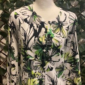 Notations Green Floral Pattern Button Up Sweater